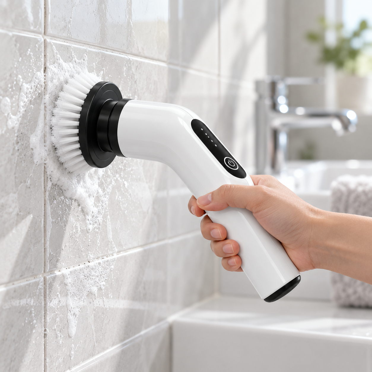 Escova elétrica em uso manual na limpeza de azulejos, com cerdas em contato com a superfície